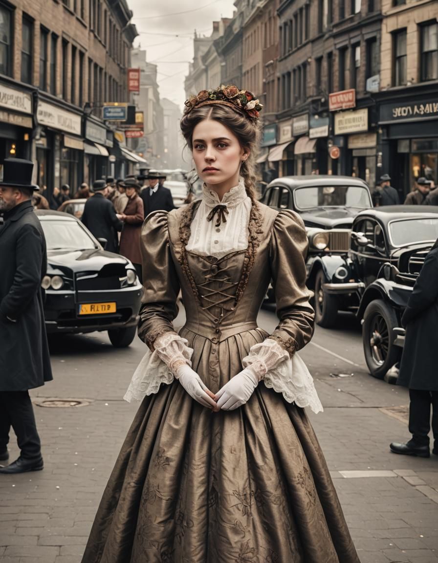Victorian Girl Out of Time on Modern Street