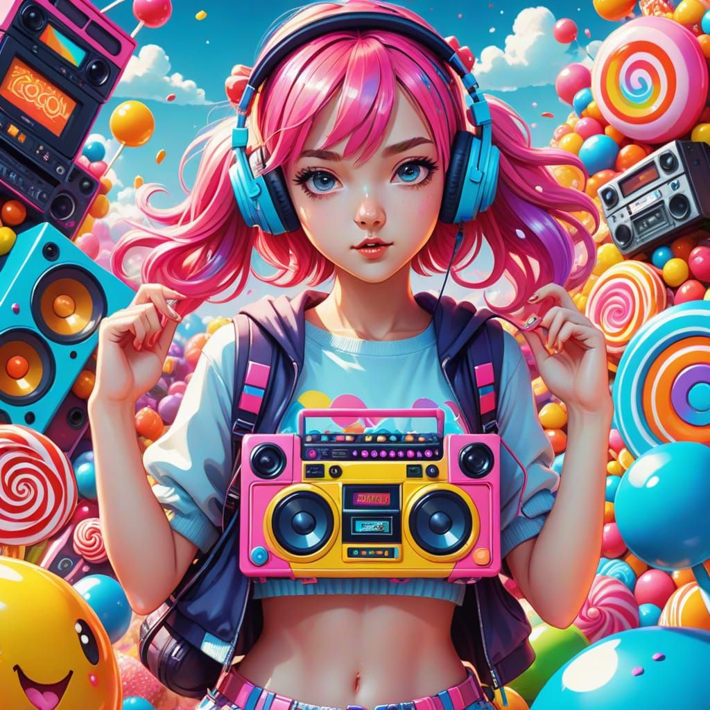 Vibrant Candyland Girl Radiates Joy in Fantia Graffiti Style