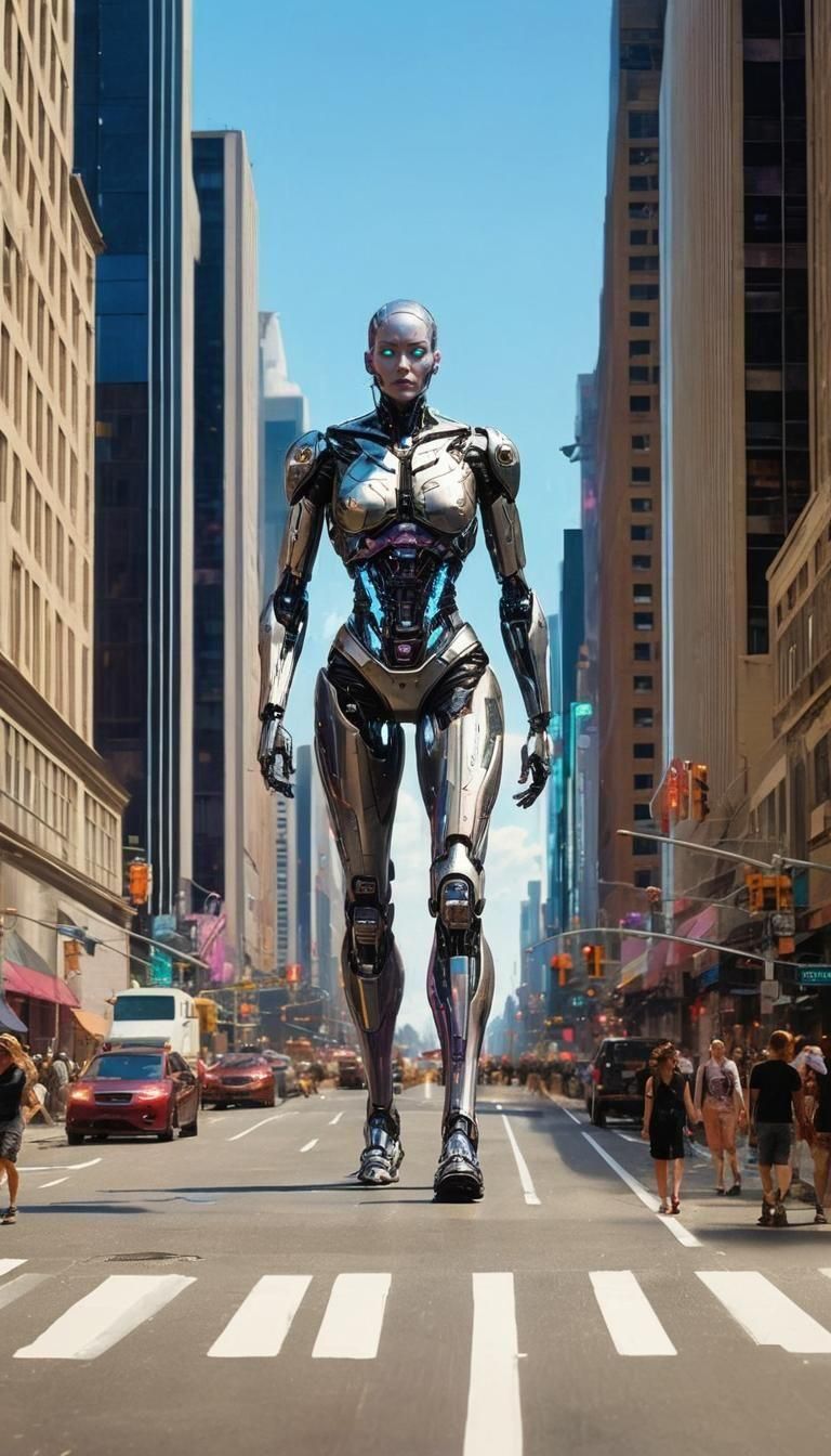 Cyborg Walking in Manhattan Street Scene