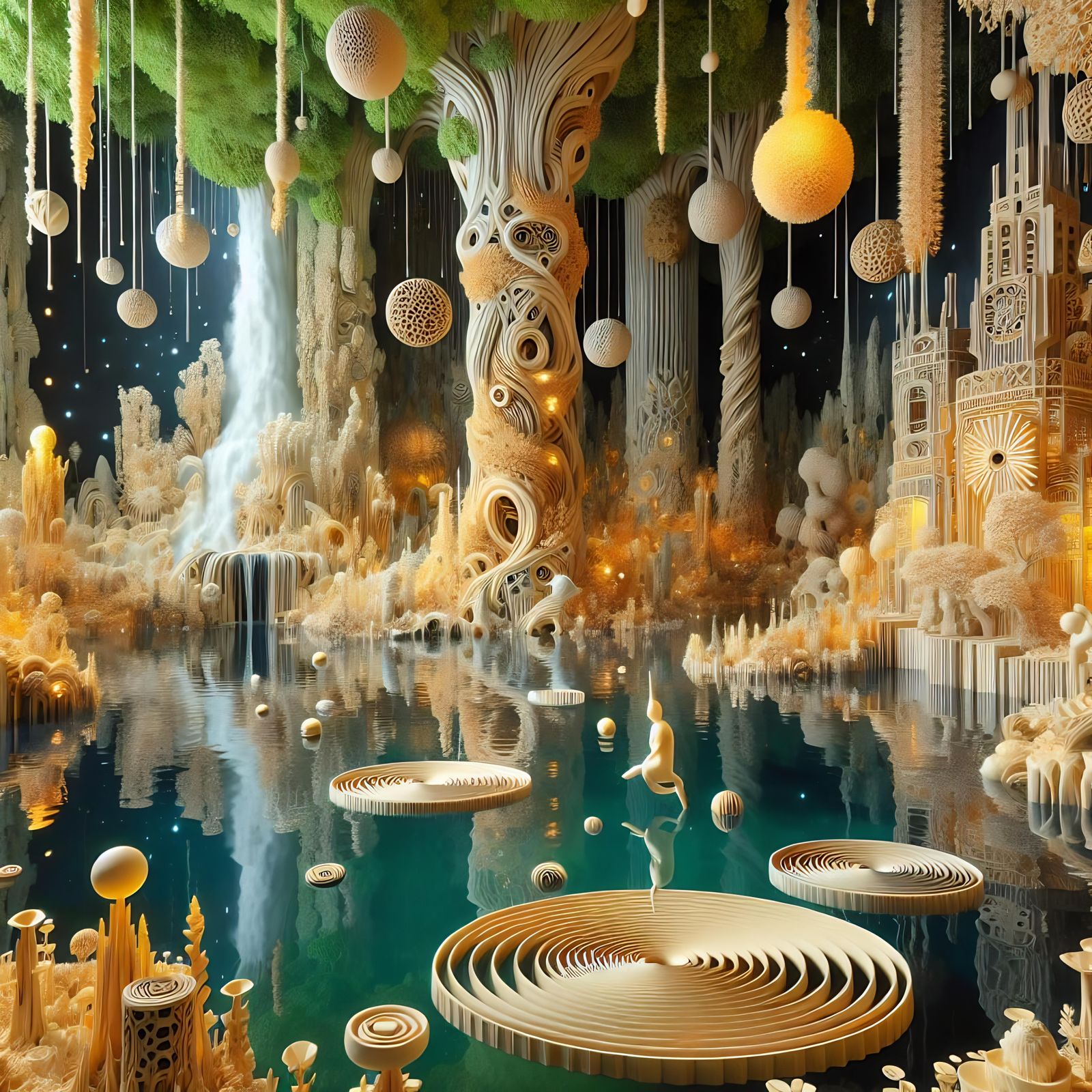 Dream Garden with Dieselpunk Elements and Golden Pond