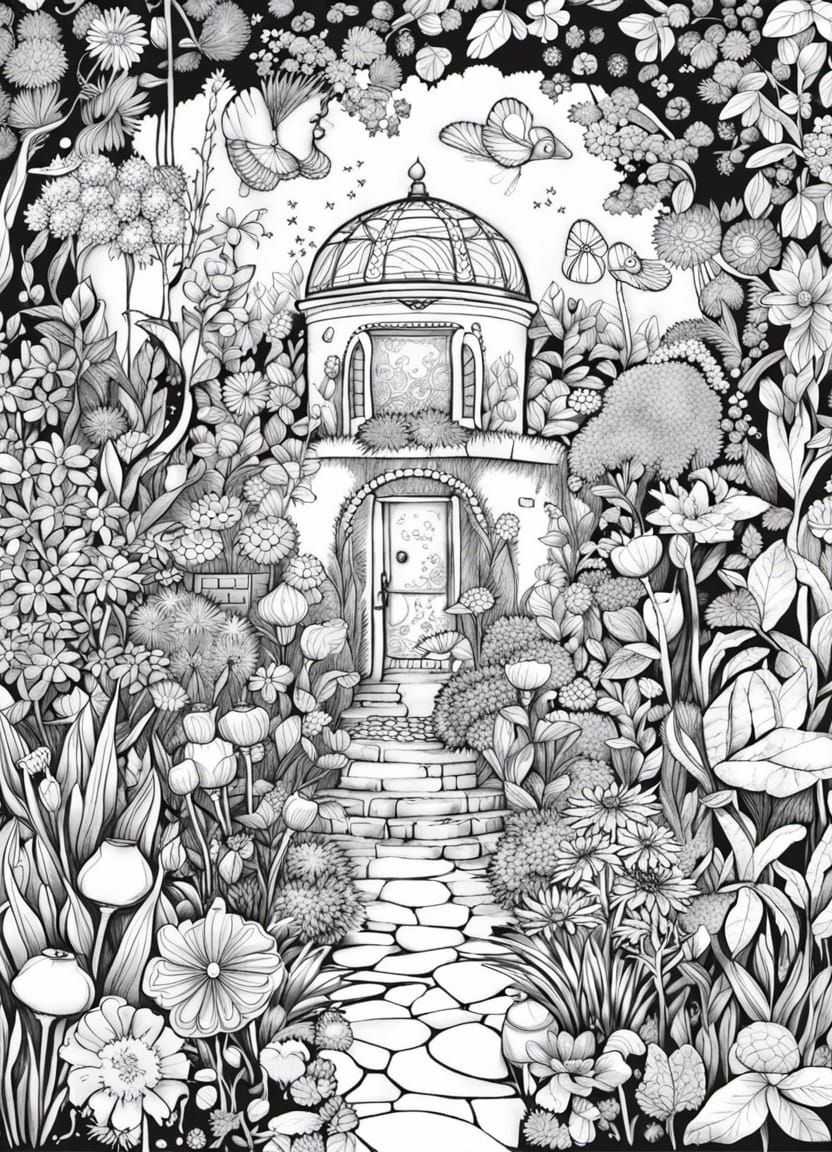 Magical Garden Coloring Page, Black and White Line Art