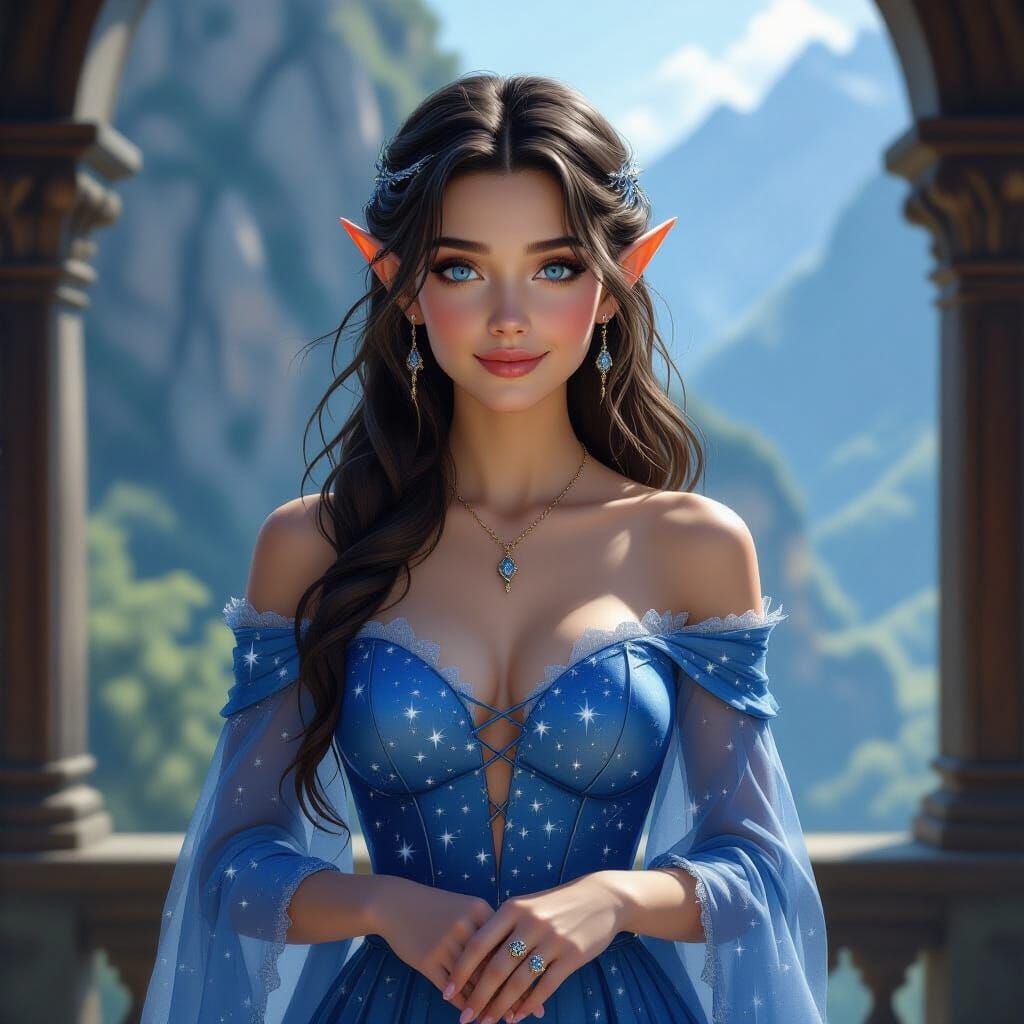 Smiling Elf Maiden in Starry Dress at Rivendell