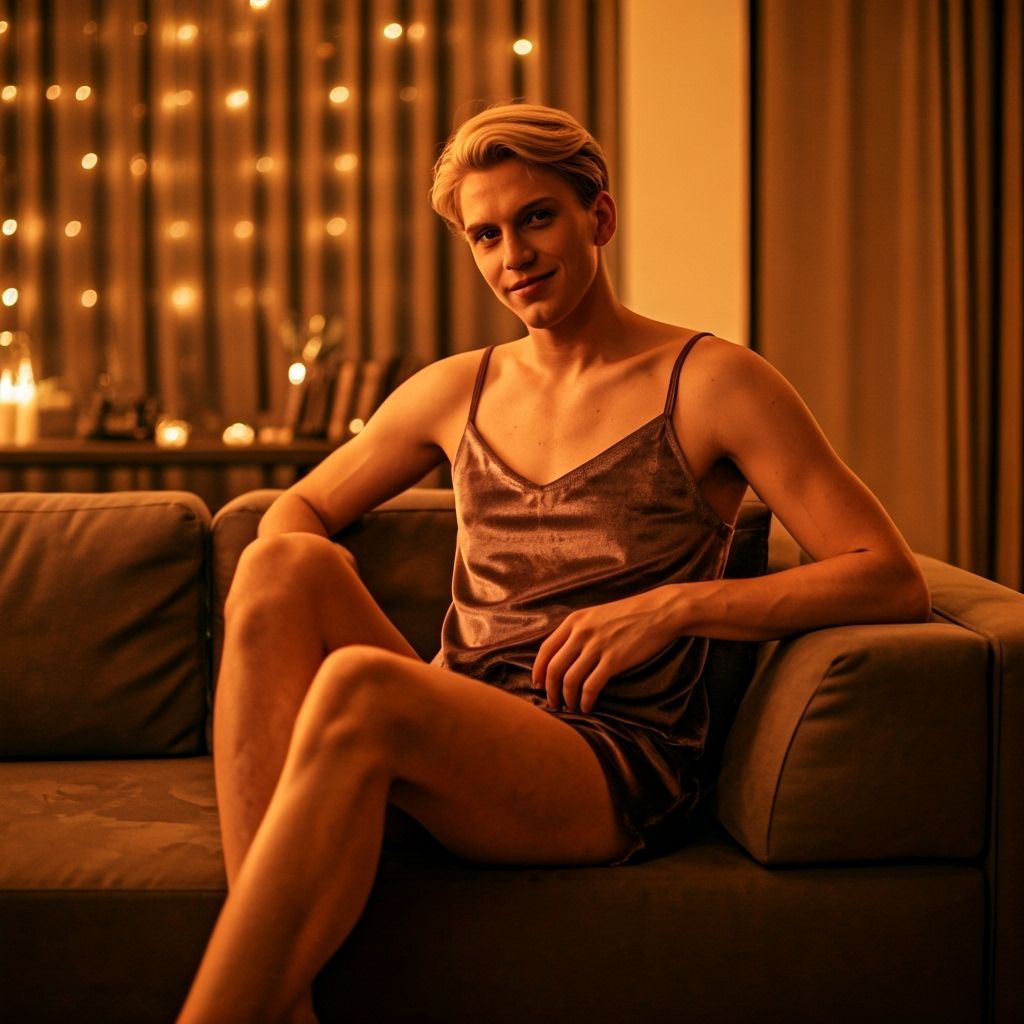 Elegant Young Man Crossdressing in Cozy Apartment