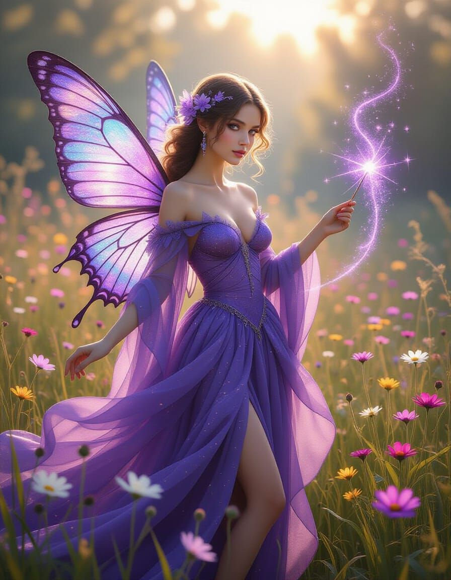 Ethereal Butterfly Fairy in Sunlit Meadow Painting