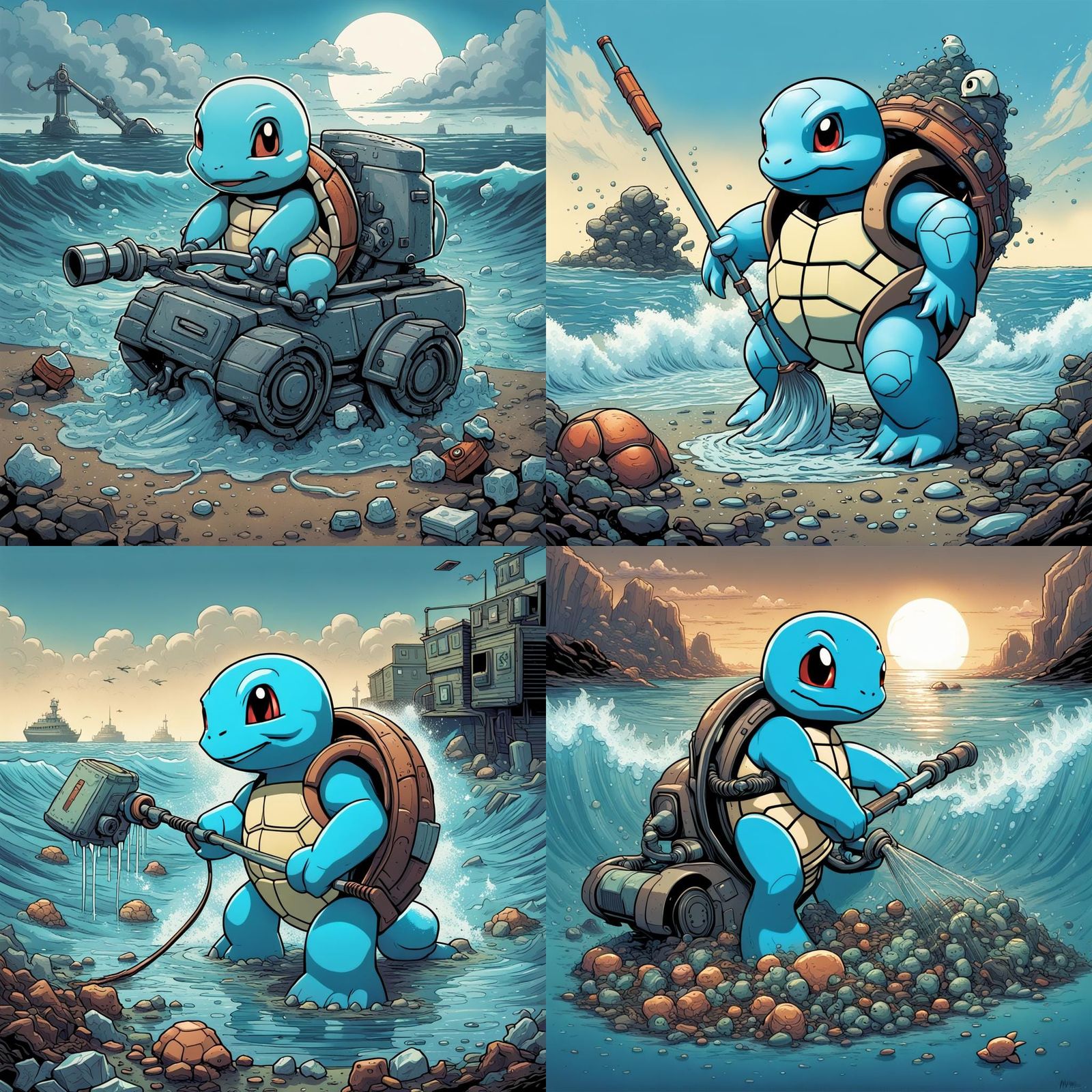 Robotic Squirtle Cleans Ocean: Comic Book Art