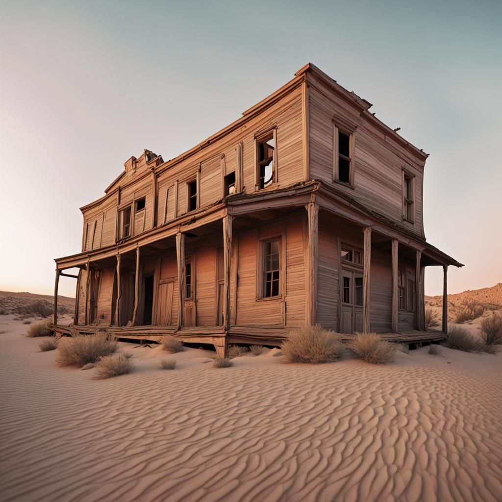 Eerie Desert Ghost Town in Surrealist Style