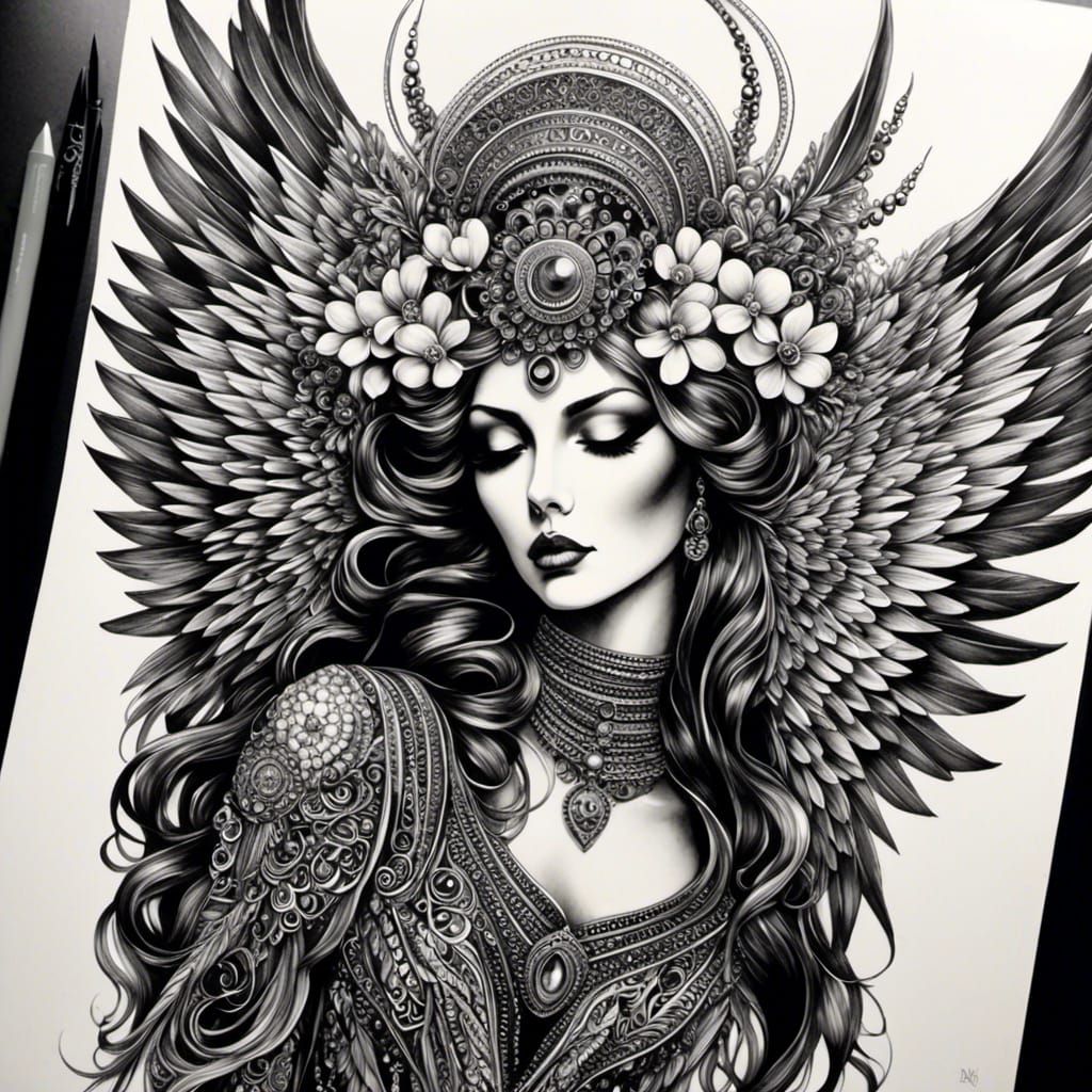 Zentangle Angel in Black and White