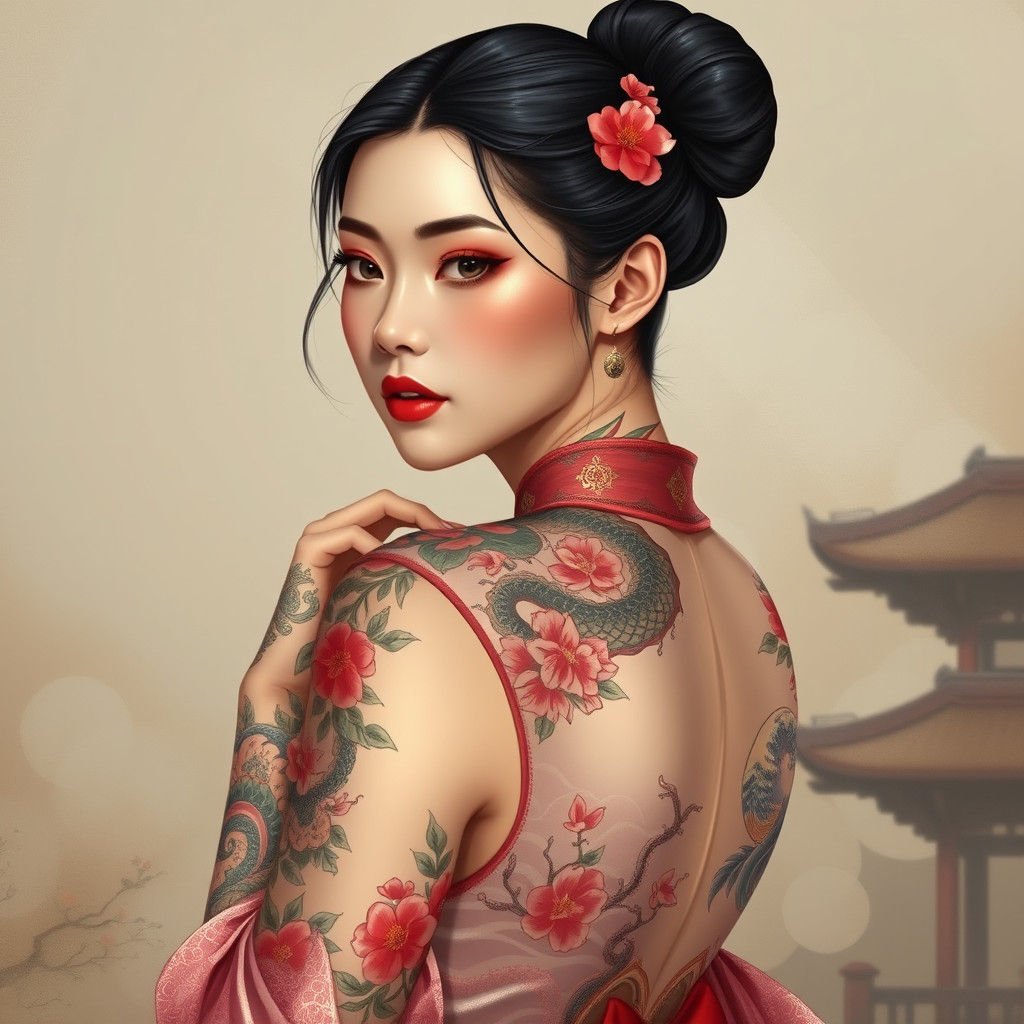 Woman with Cherry Blossom Tattoos in Digital Art Style