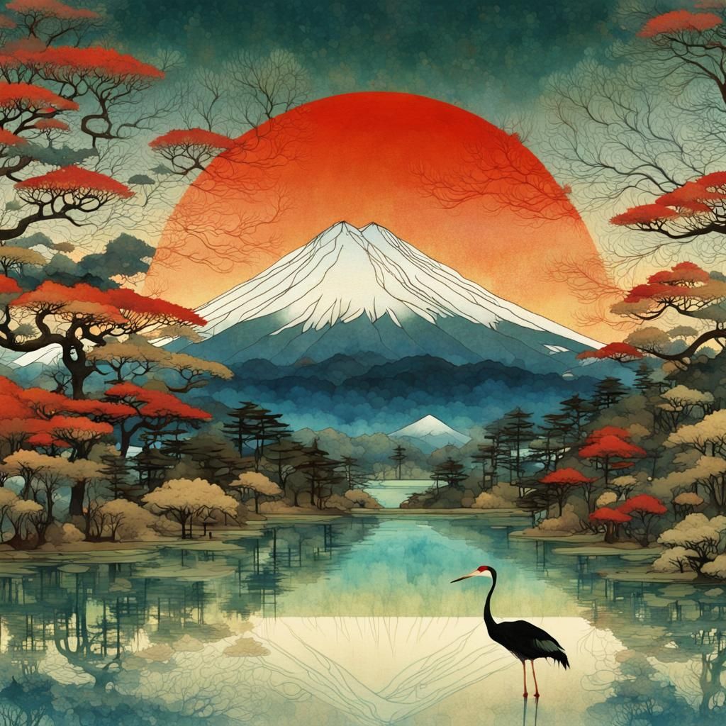 Mt. Fuji Double Exposure with Crane Silhouette