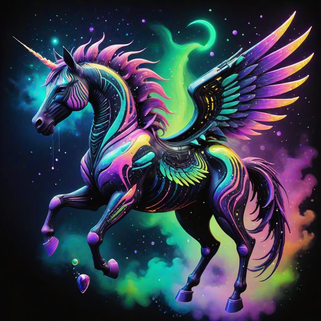 Glowing Cyberpunk Zebra Pegasus in a Nebula Sky