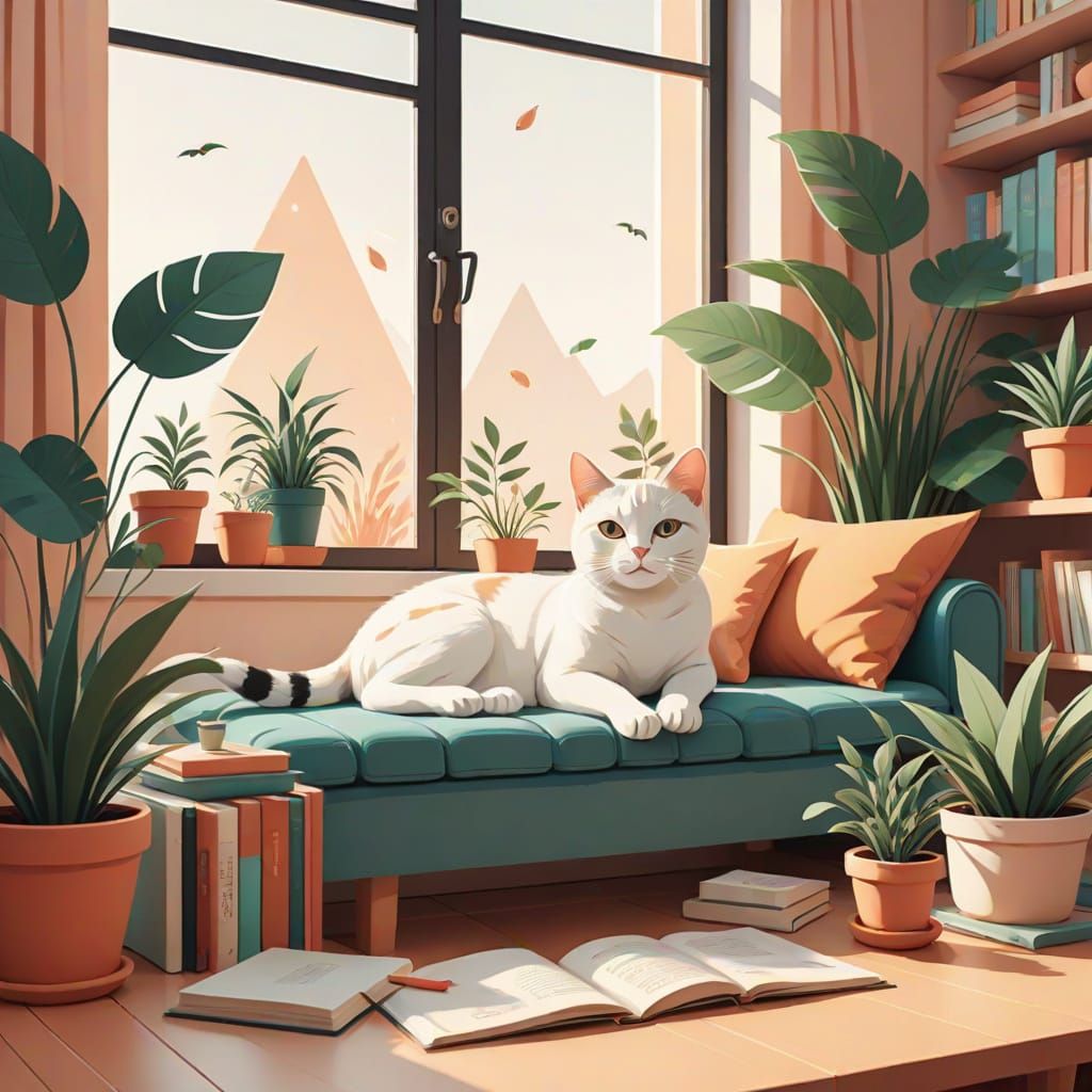 Cat-Millennial Relaxing in Cozy Workspace: Flat Design