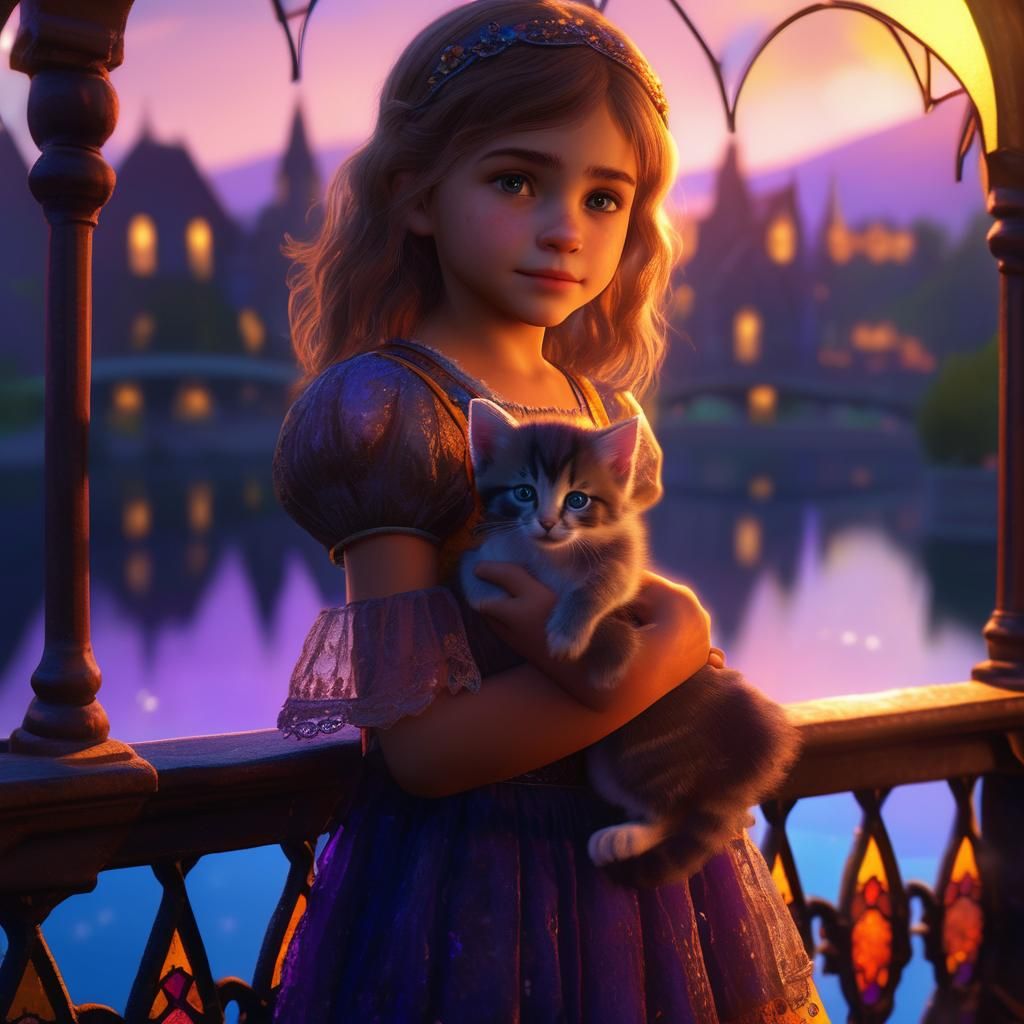 Girl with Kitten on Bridge in Evening Light