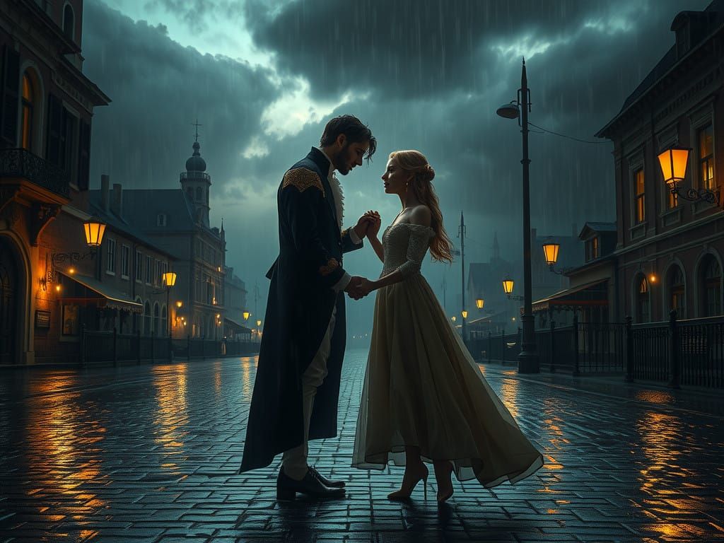 Lovers in Rainy City Night