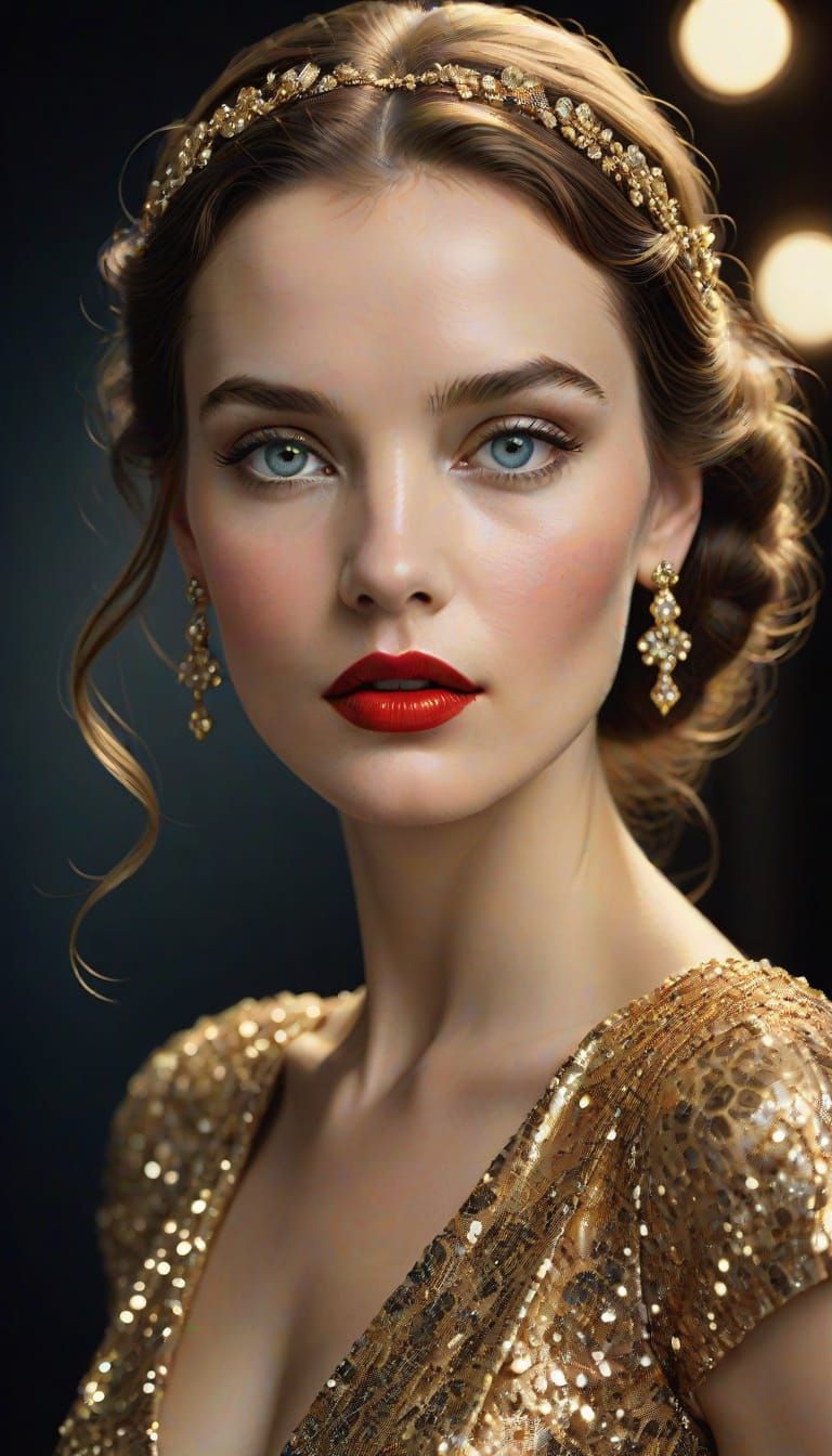 Glamorous Studio Portrait of a Stunning Woman in Gold Sequin...