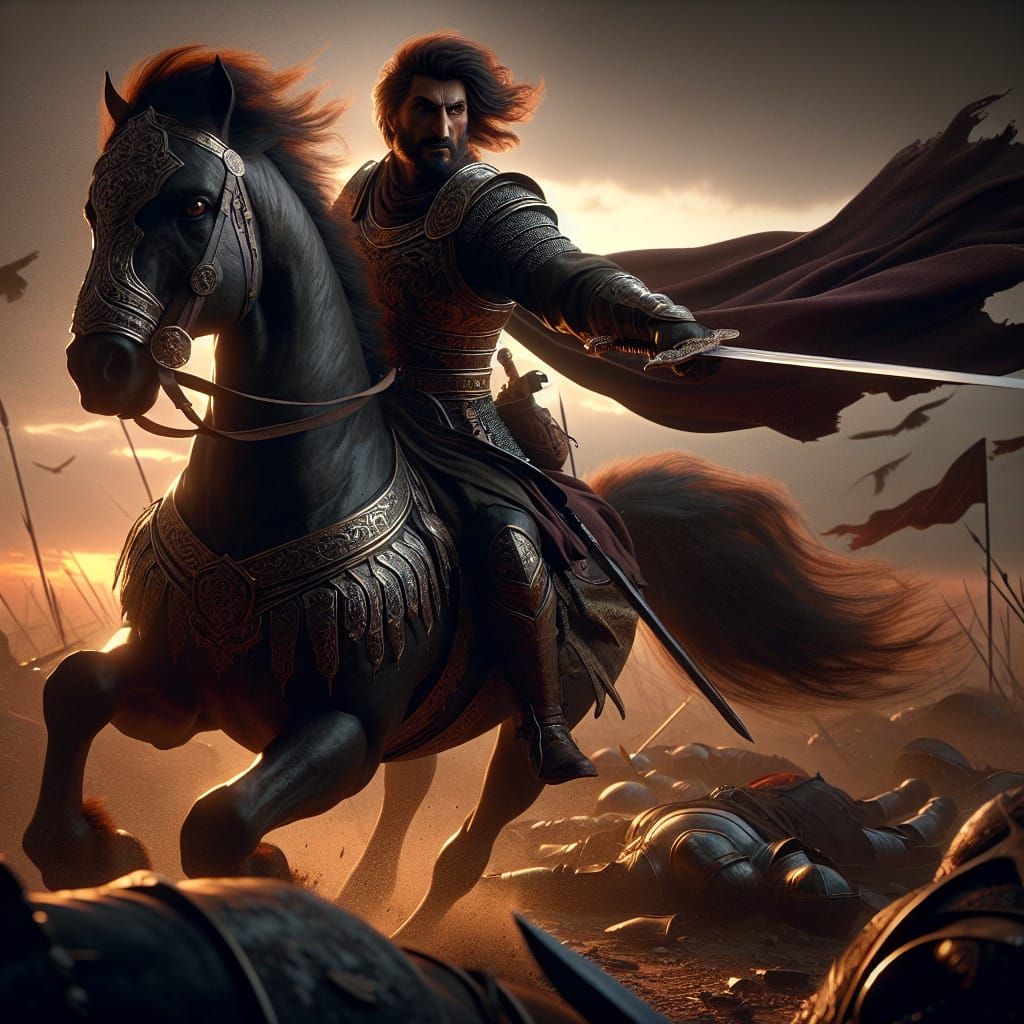 Dark Fantasy Warrior Charges Forward into Sunset