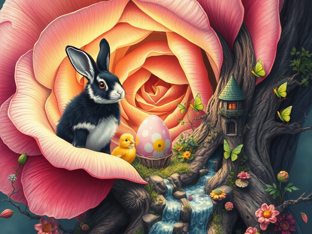 Bunny and Chick in Fairy Village, Charcoal Drawing