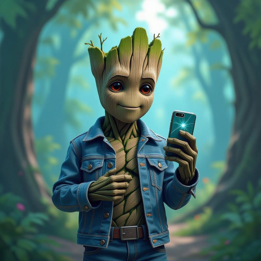 Groot with Cracked iPhone in Fantastical Forest