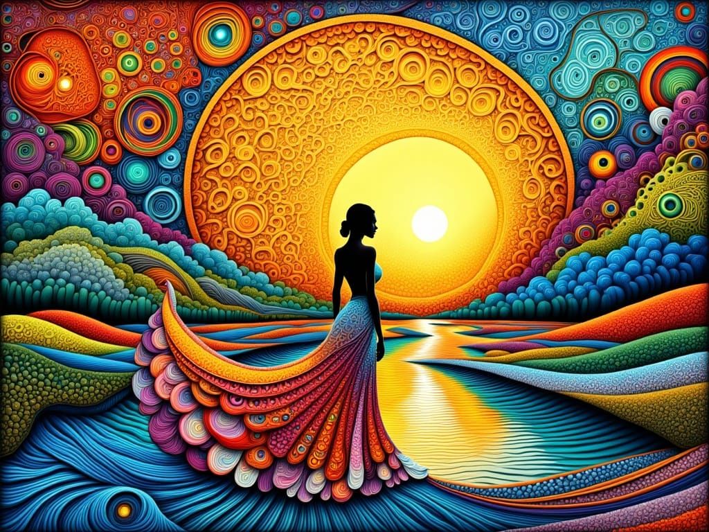 Woman in Foam Dress: Zentangle Style Sunset