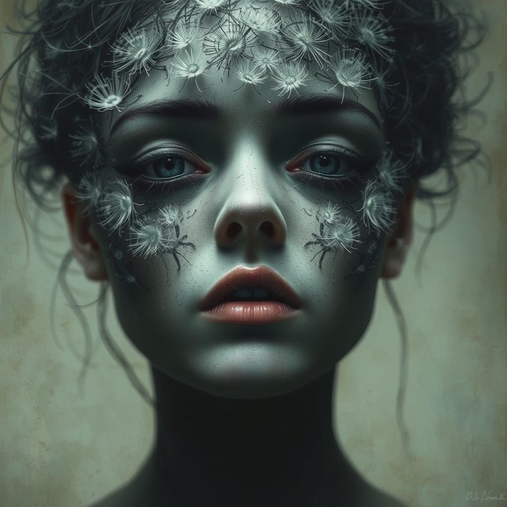 Dandelion Face in Anatomical Surrealist Style