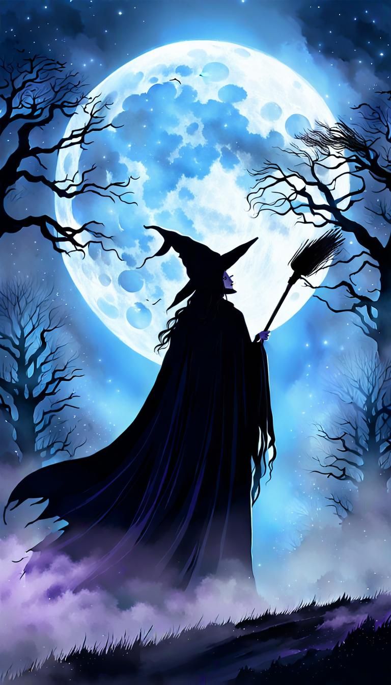 Ethereal Witch Flying Before the Moon