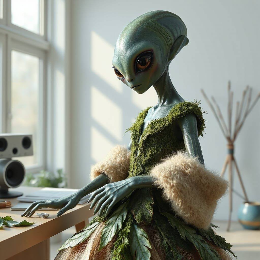 Alien Fashion Designer Creates Leaf Gown in Futuristic Studi...