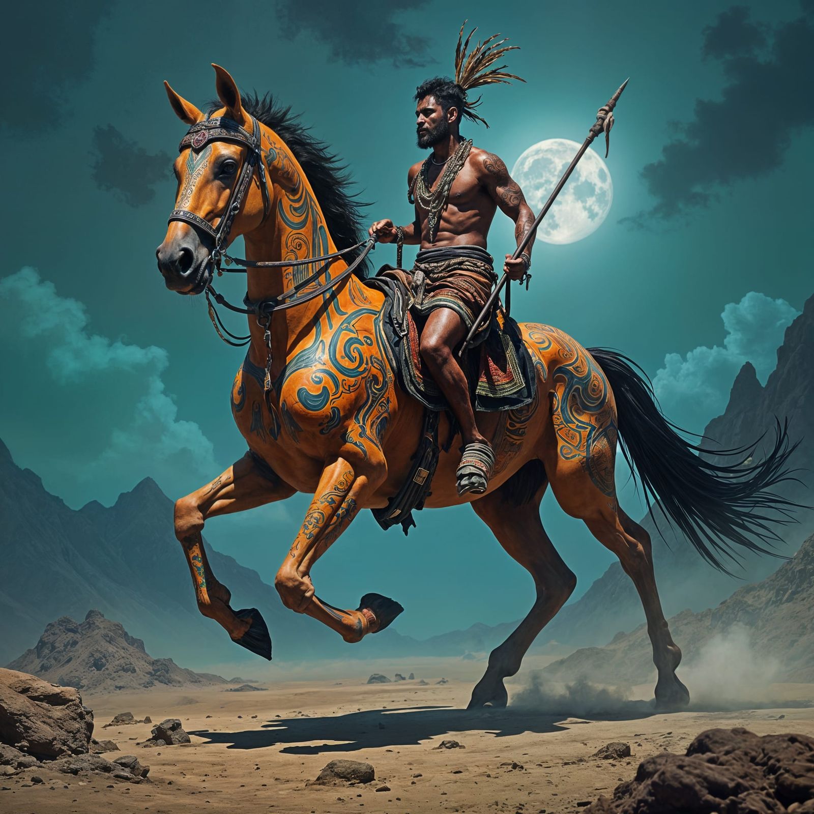Tribal Horse and Warrior on Dark Plain