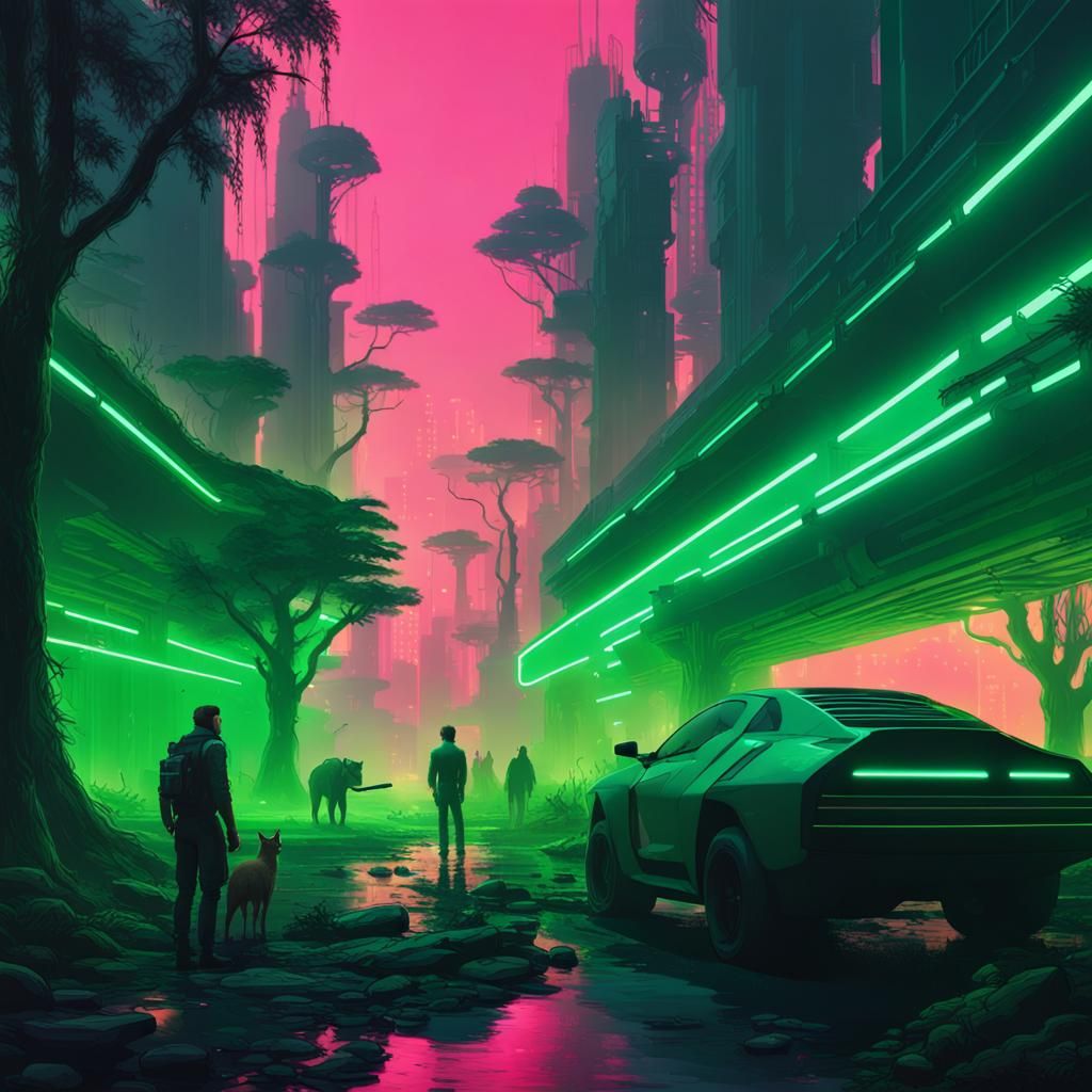 Cyberpunk Forest Scene with Workers and Animals