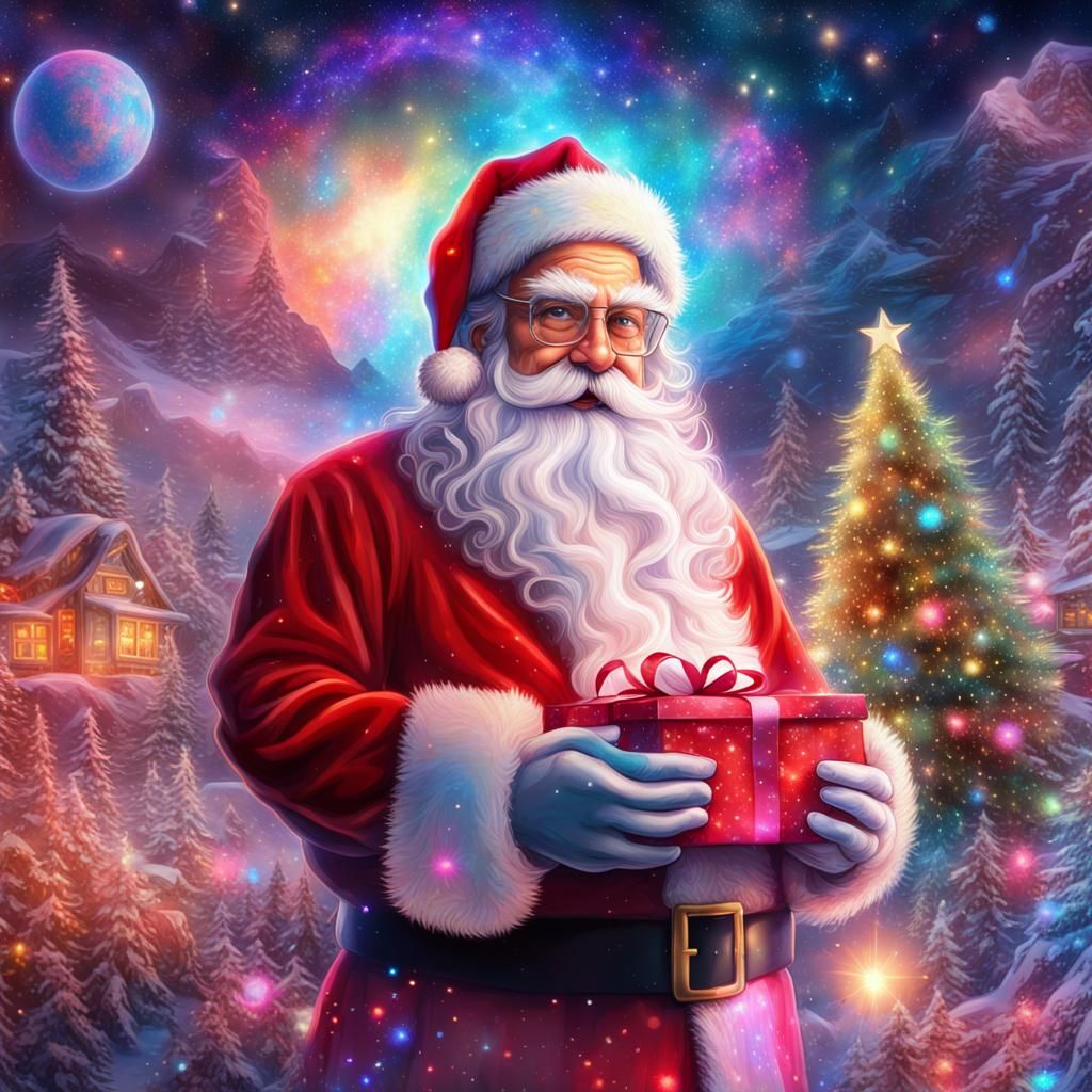 Santa's Arrival: Holographic Cosmic Christmas Illustration