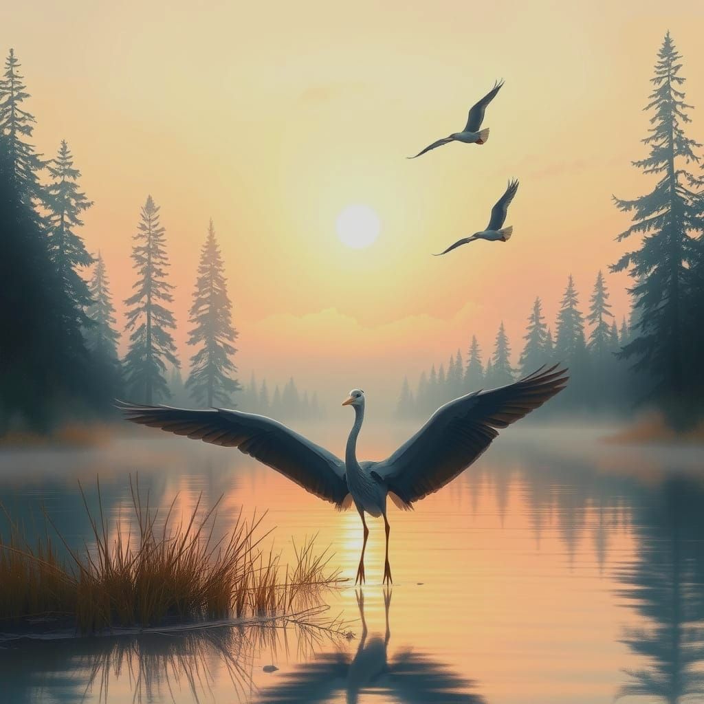 Dreamlike Lake at Dawn: Pastel Heron Landscape