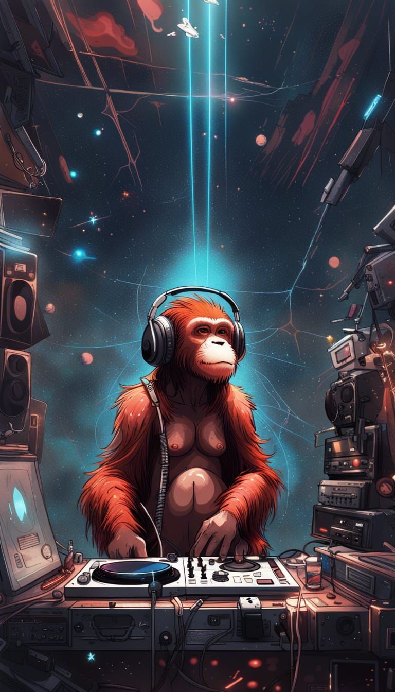 Anthro Orangutan DJ in Space, Digital Art