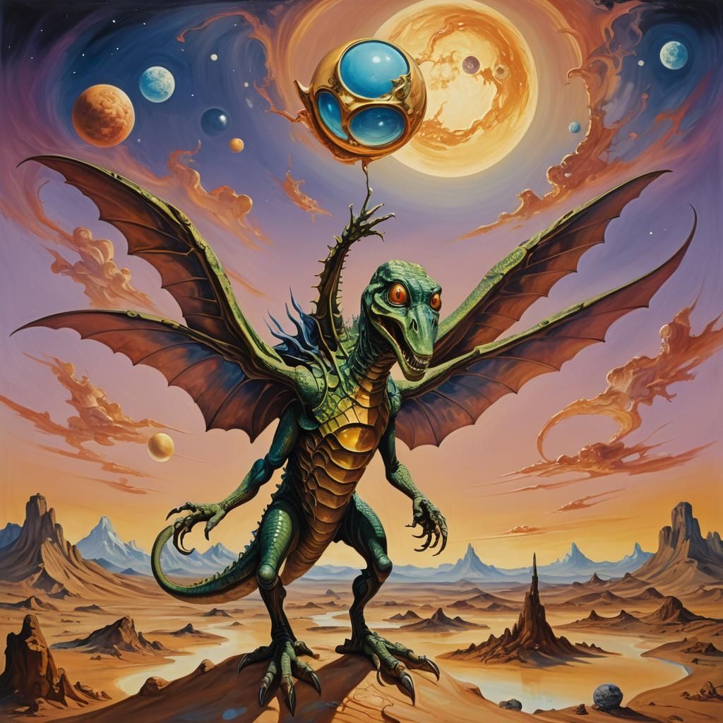 Winged Reptile on Mars in Surrealist Style