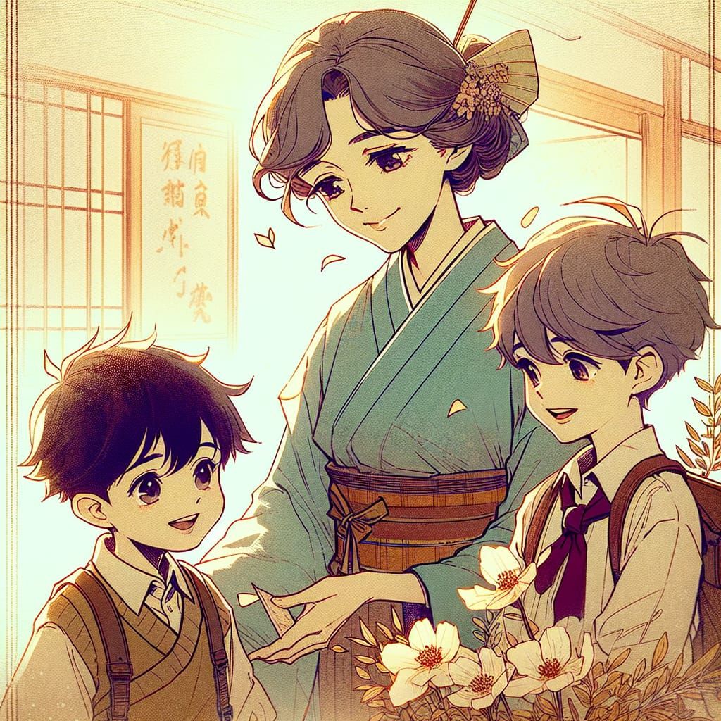 Anime-Style Mother Bidding Children Farewell: A Cel-Shaded M...