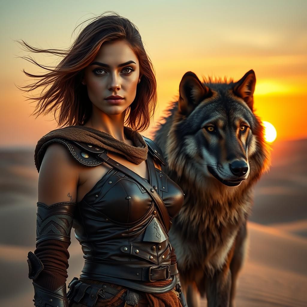 Desert Guardian: Woman and Wolf at Dusk