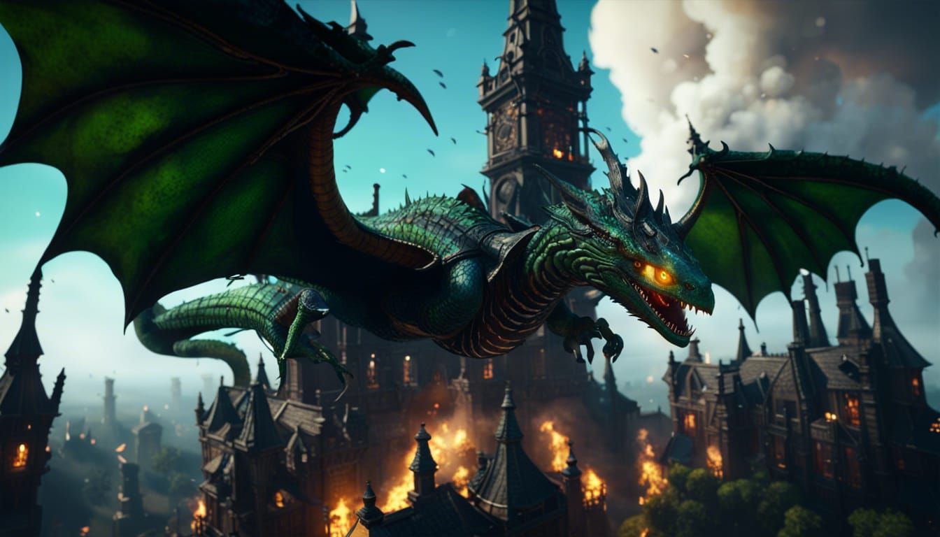 Green Wyvern Attacks Steampunk Village in Photorealistic Fan...