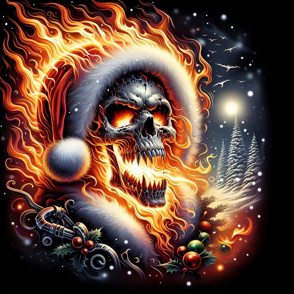 Flaming Skull Christmas Airbrush Painting