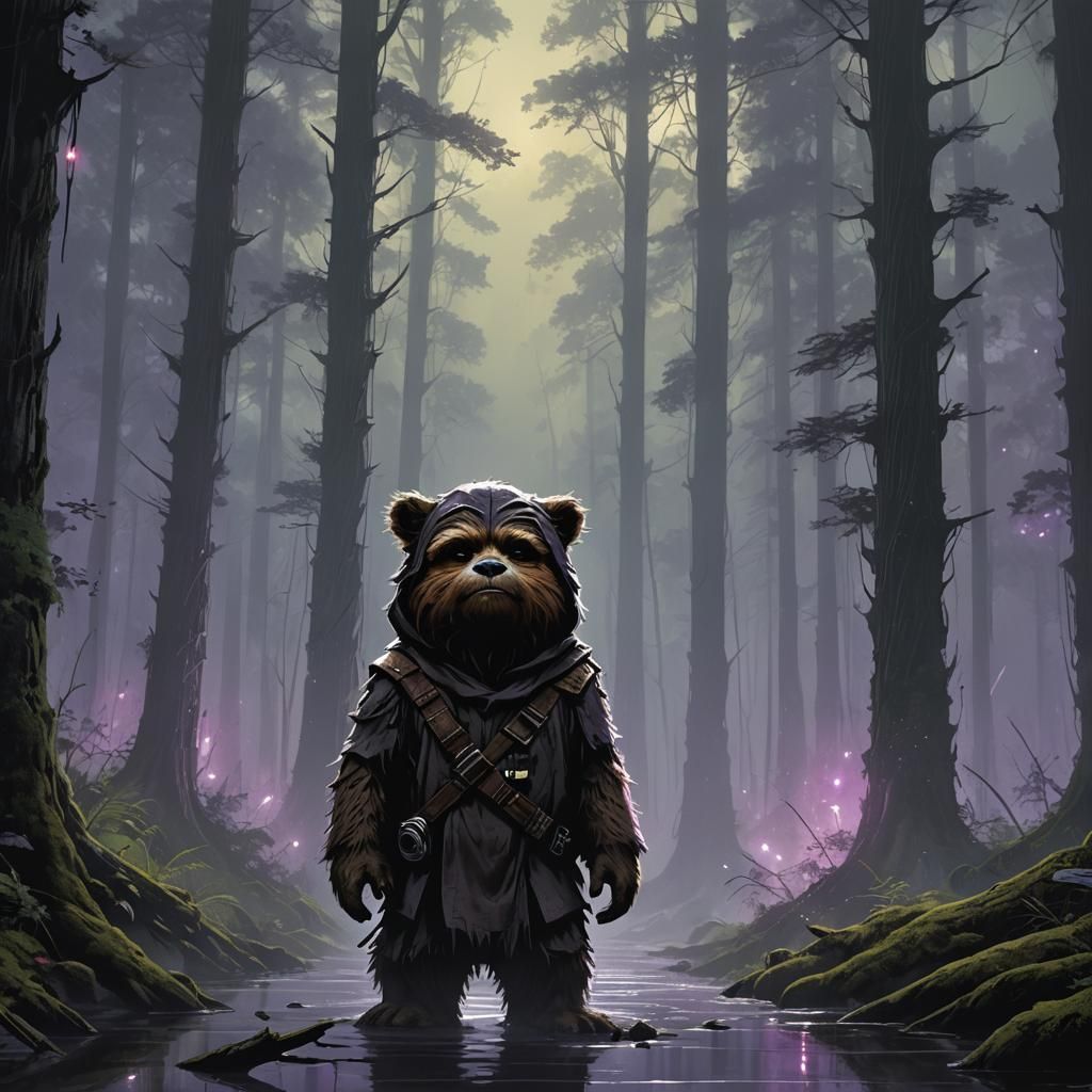 Ewok in Misty Forest: Dark Fantasy Concept Art