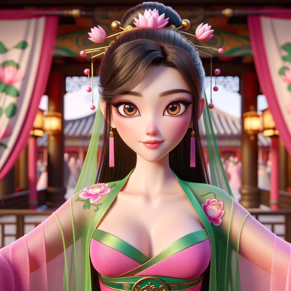 Young Empress Lin in Tang Dynasty Palace, 3D Cartoon Art