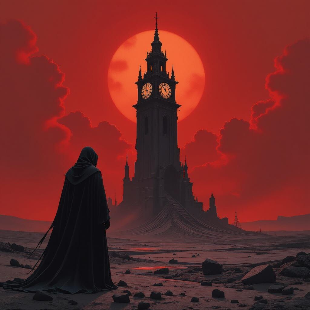 A figure cloaked in tattered robes, stands at the precipice ...