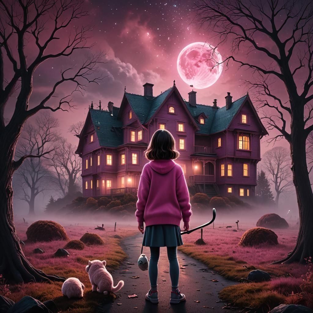 Eerie Horror Landscape with Girl and Stuffed Animal
