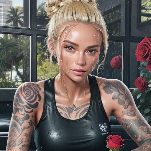 Woman on Exercise Bike with Money Roses