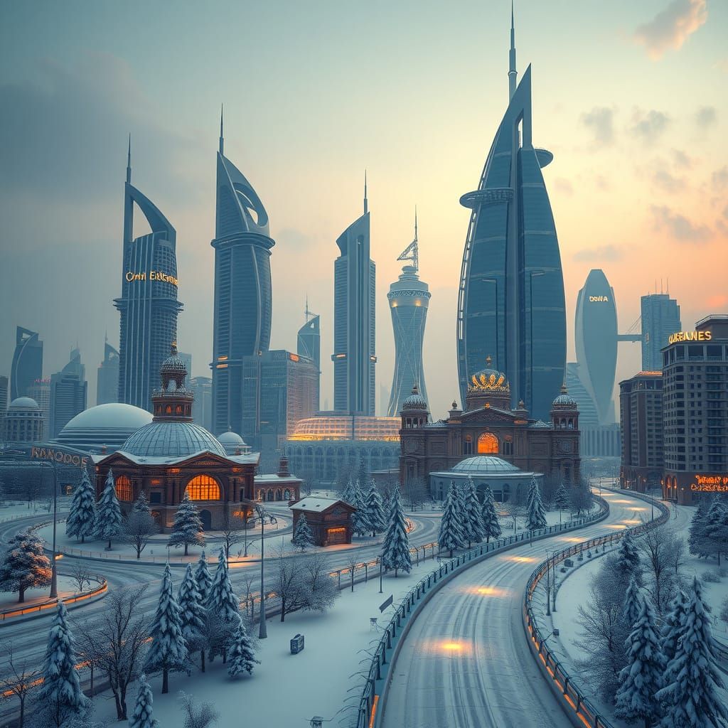 Winter Dubai Cityscape in Detailed Matte Painting Style