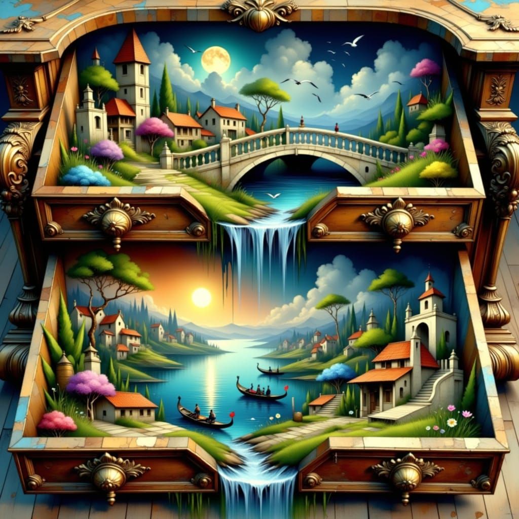 Intricately Carved Wooden Drawers in a Dreamlike Venice Scen...