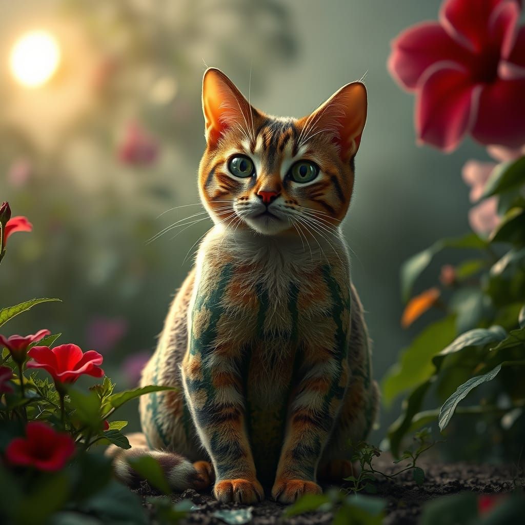 Surreal Watermelon Cat in a Moody Garden Scene