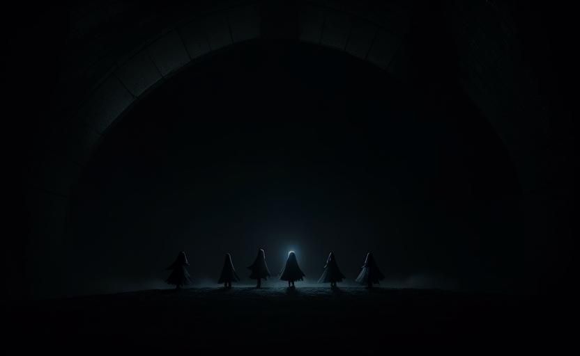 Mysterious Cloaked Figures in Dark, Moody Scene