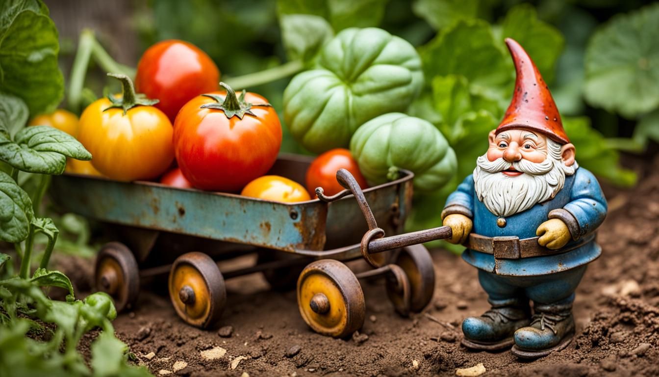 Metal Garden Gnome Pulling Wagon of Tomatoes