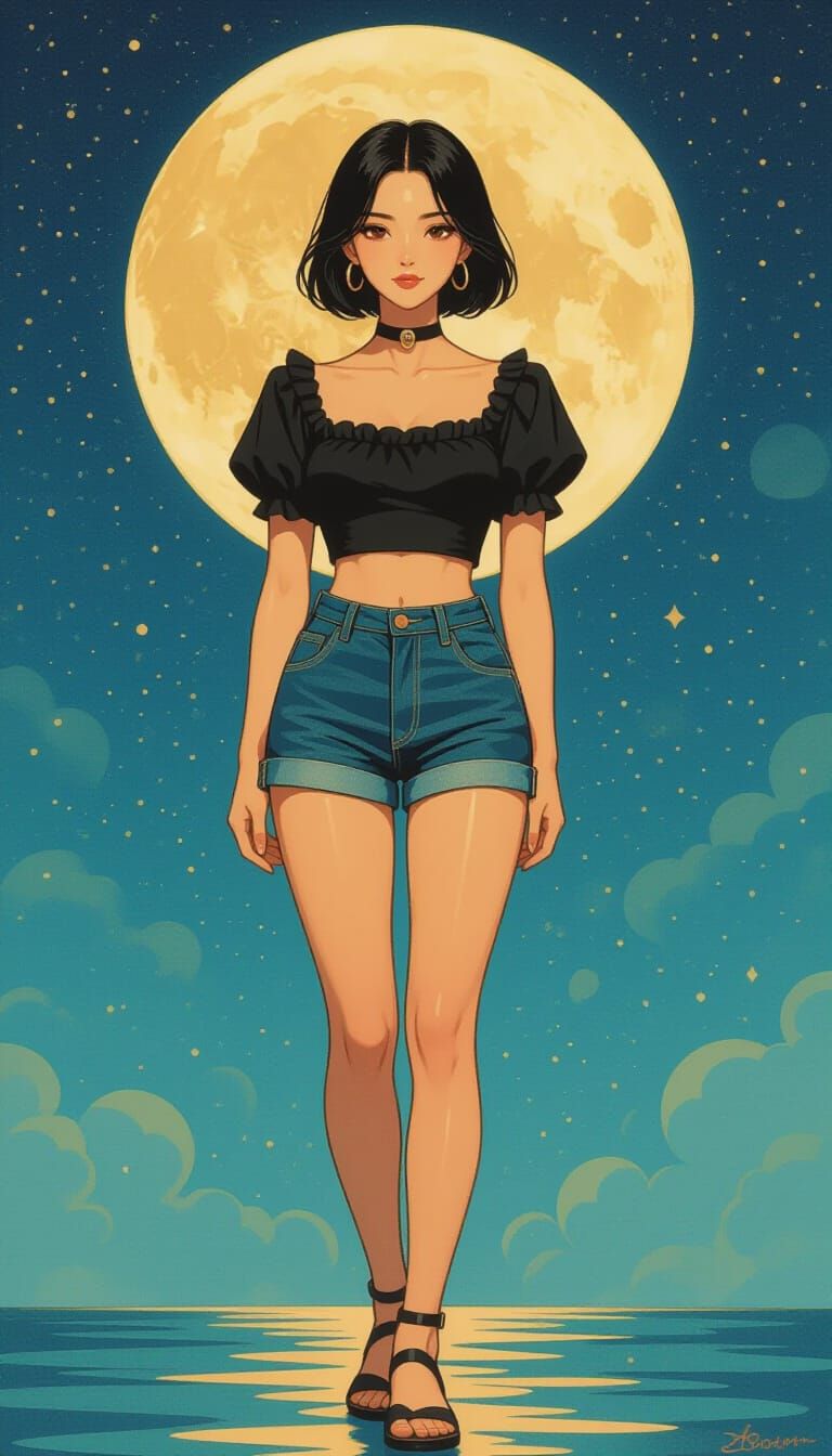 Thai Woman in Jeans Shorts: Impressionist Anime Style