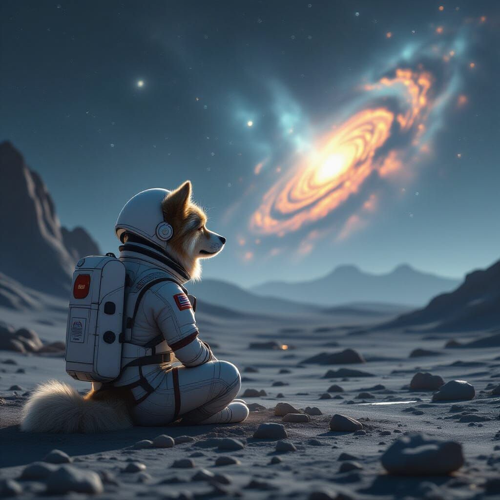 Astronaut Dog Contemplates Nebula on Alien Planet