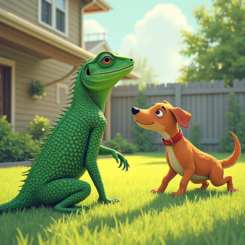 Curious Lizard and Playful Dog in Sunny Backyard