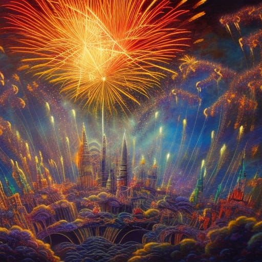 Spectacular Fireworks Display Over Fantasy Landscape