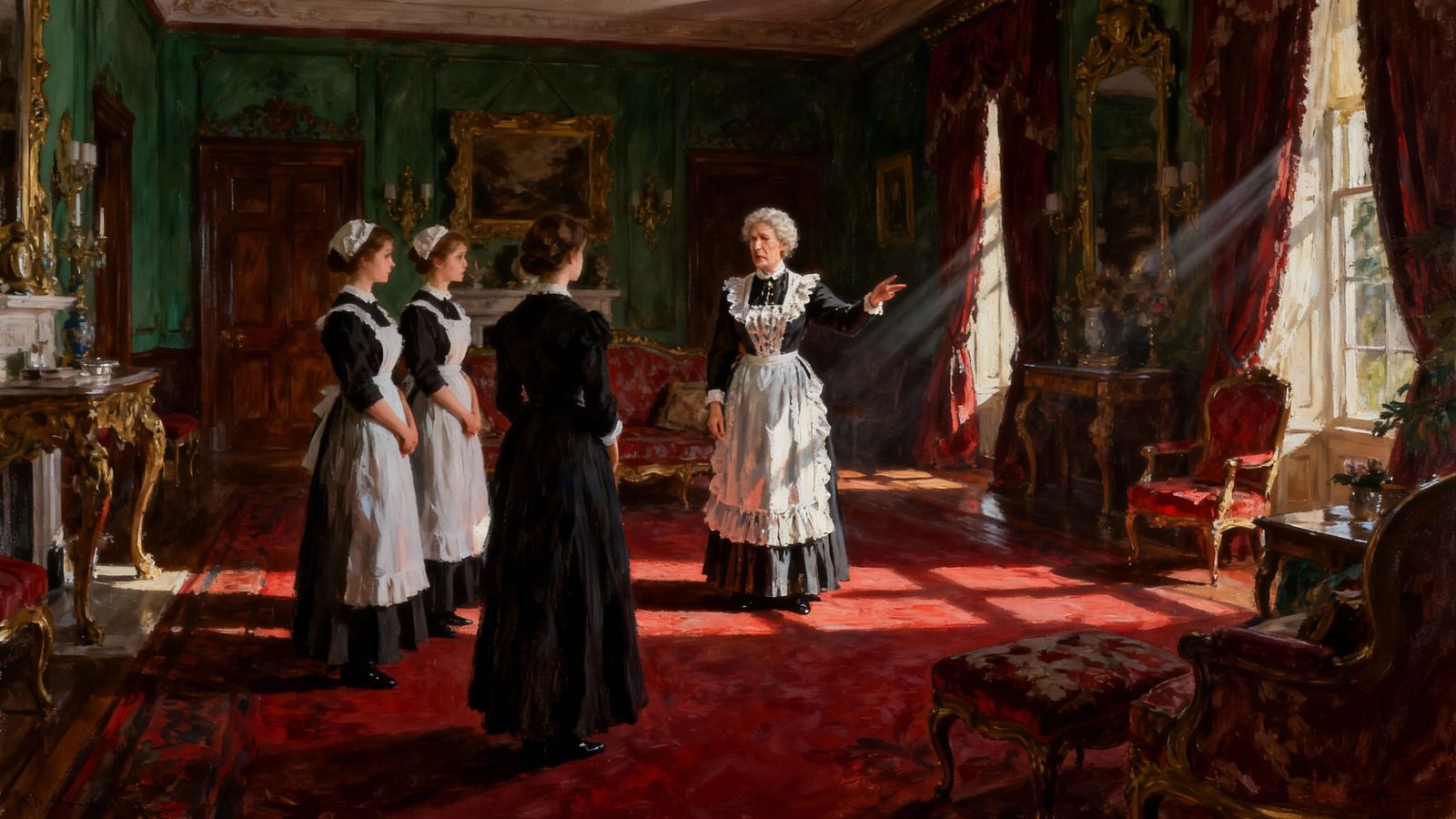 Victorian Head Housekeeper Directs Maids in Opulent Room